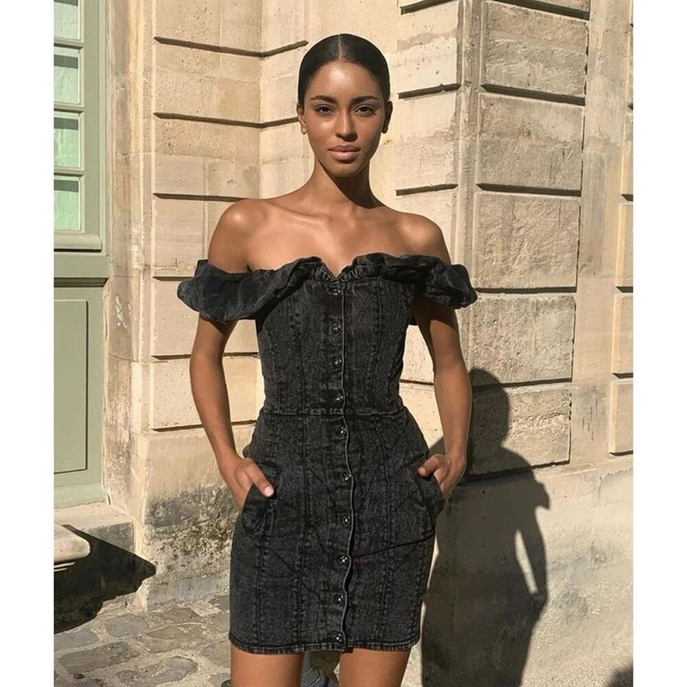 Misha Trisha Acid Wash Blue Denim Off The Shoulder Ruffle Mini Dress 10 - Picture 2 of 13